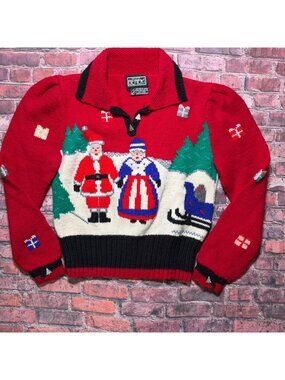 Vintage Berek Hand Knitted Wool Christmas Sweater Santa and Mrs Claus Small